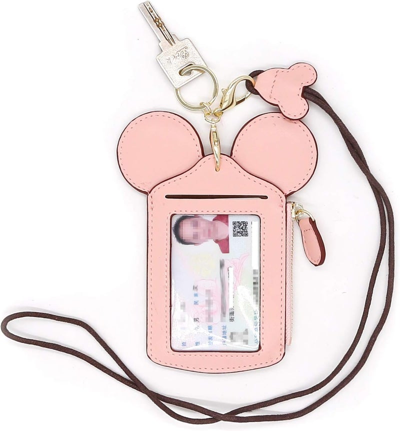 QiMing Mouse Ears Card Holder,PU Lovely Lanyard Family Toys for Girl Woman - Image 1